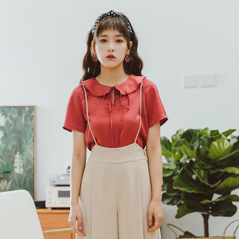 Anne Chen 2018 summer new solid color lotus leaf collar short-sleeved T-shirt - เสื้อยืดผู้หญิง - วัสดุอื่นๆ สีแดง