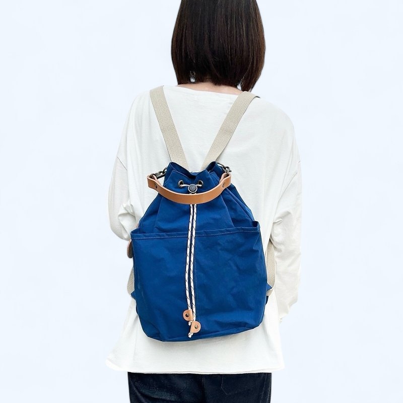 Small backpack, blue, KONBU, water-repellent nylon material, drawstring backpack, made to order - กระเป๋าเป้สะพายหลัง - ไนลอน สีน้ำเงิน