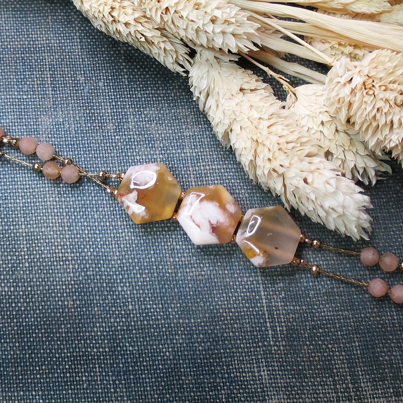 VIIART。小花園-甜糖花。櫻花瑪瑙橙月光古著金黃銅手鍊限量發售 - 手鍊/手鐲 - 玉石 橘色