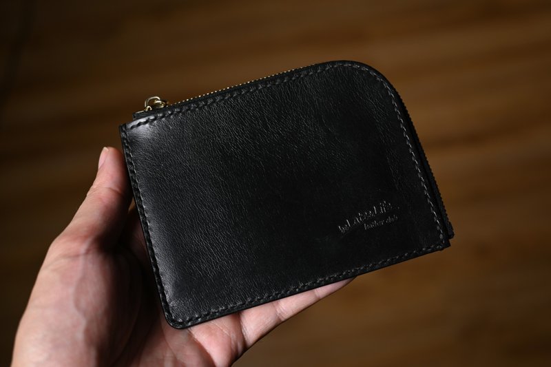 L-shaped zipper coin purse/short clip black European vegetable tanned leather - Wallets - Genuine Leather Black