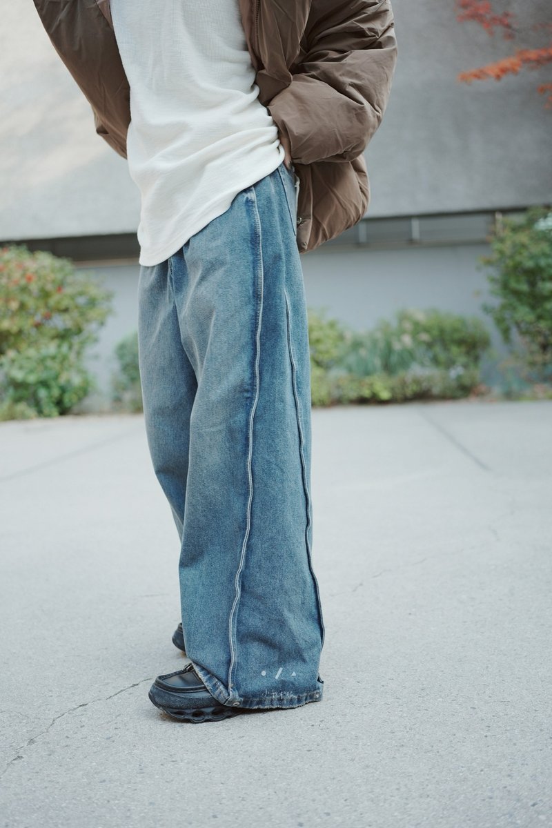 瀨戶側一釦落地牛仔褲 - 2色 - 藍ㄧ釦 - 女長褲 - 棉．麻 藍色