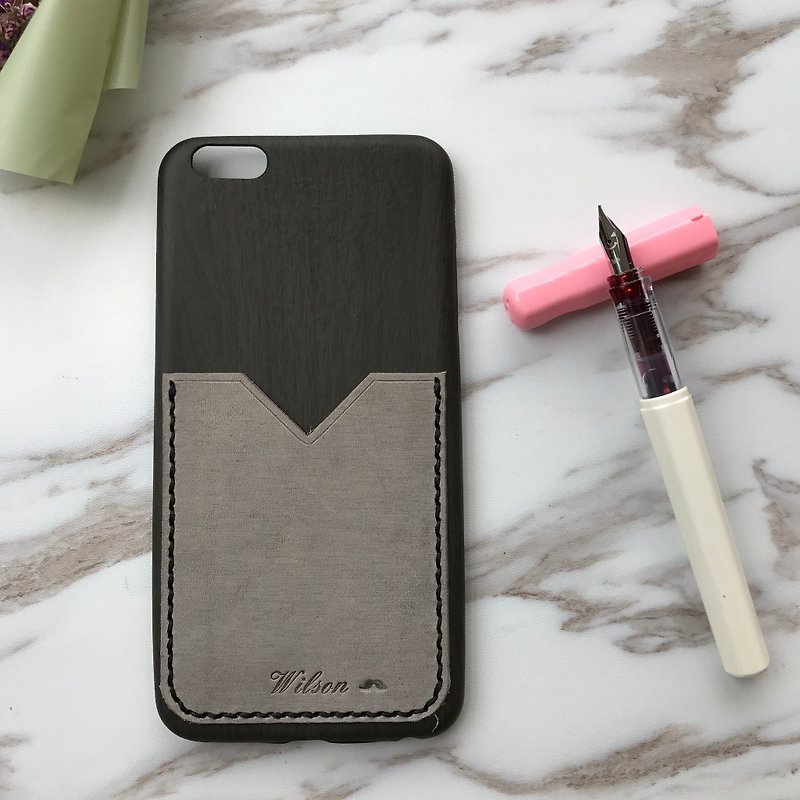 Phone case with leather pocket - เคส/ซองมือถือ - หนังแท้ สีเทา