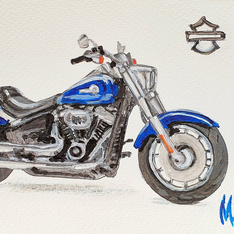 Fat Boy HD Painting Harley Davidson Sport Motorcycle Original Art 2023 Postcard - 海報/掛畫/掛布 - 其他材質 藍色