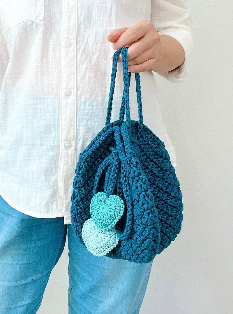 手鉤編織3用縮口包 靛藍 2心款 小型 - 側背包/斜孭袋 - 棉．麻 藍色