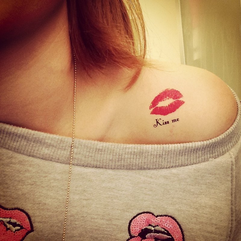 Red Lip Kiss Me Temporary Fake Tattoo Sticker (Set of 2) - OhMyTat - Temporary Tattoos - Paper Red