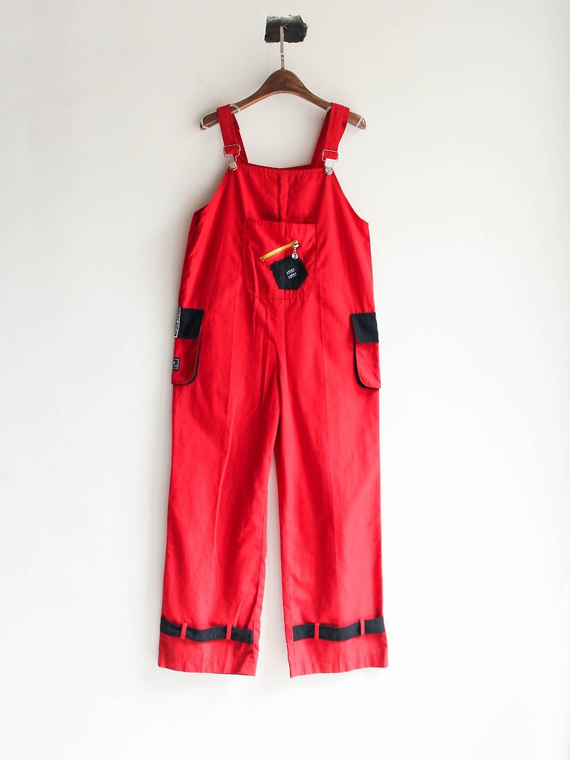 River Hill - intense red fireworks puppet Playground antique jumpsuit suspenders trousers denim overalls oversize vintage neutral - จัมพ์สูท - ผ้าฝ้าย/ผ้าลินิน สีแดง