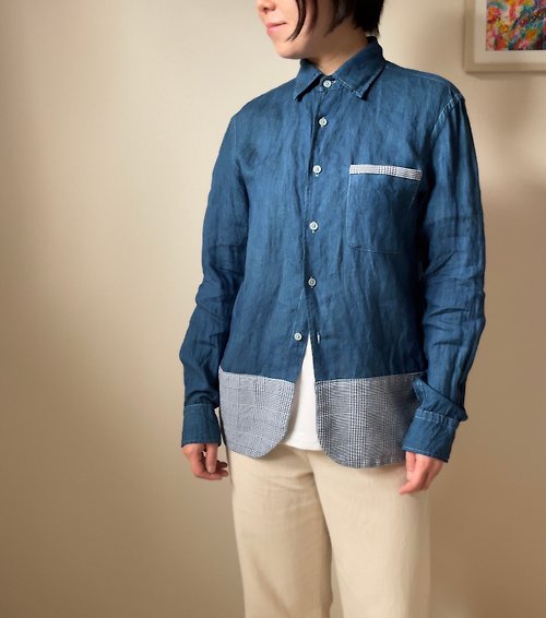 BLUE PHASE 日本製 手染め 藍染 Shirts aizome japanblue glencheck リネン素材とグレンチェックのコットン切り返しシャツ
