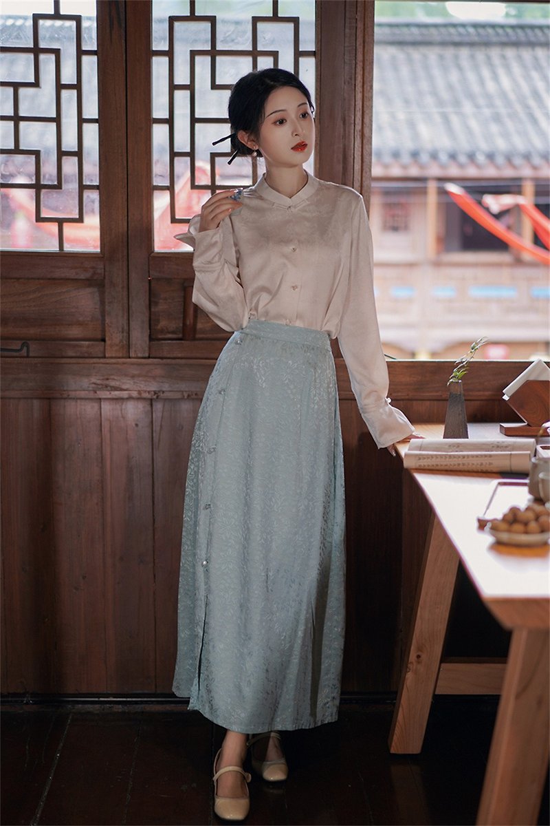 Wanting A-line skirt new Chinese style versatile light temperament retro national style skirt apricot shirt - กระโปรง - เส้นใยสังเคราะห์ สีเขียว