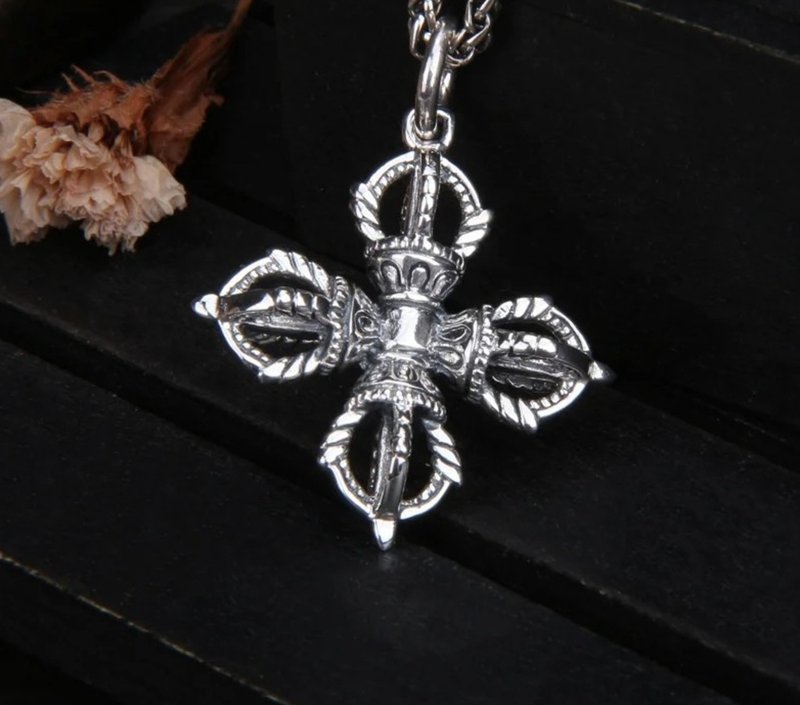Vajra Buddhism Pendants Necklaces NO Chains Unisex Cross Necklaces Real 925 - 長項鍊 - 純銀 銀色