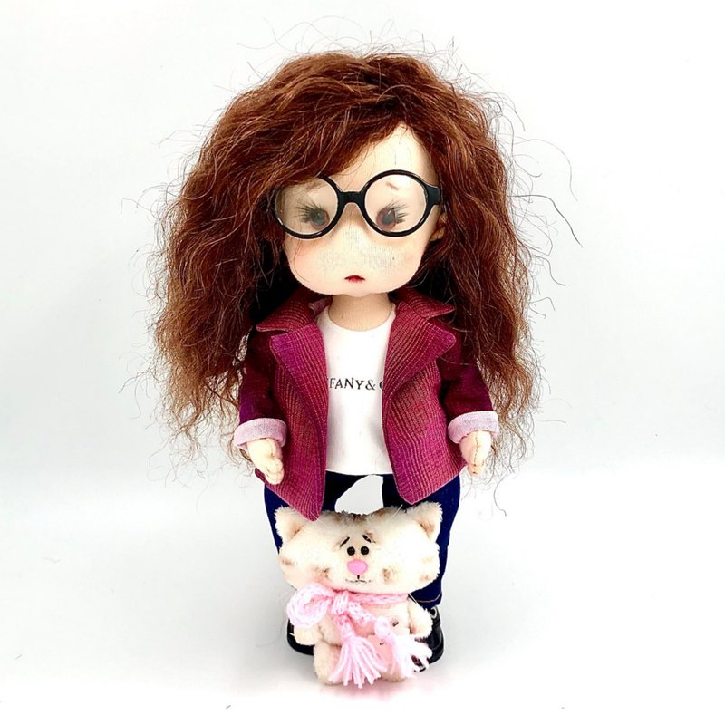 Doll with cat, Christmas Gift Wrapping, Cloth doll, Textile doll, Xmas rag doll - ของเล่นเด็ก - วัสดุอื่นๆ สีม่วง