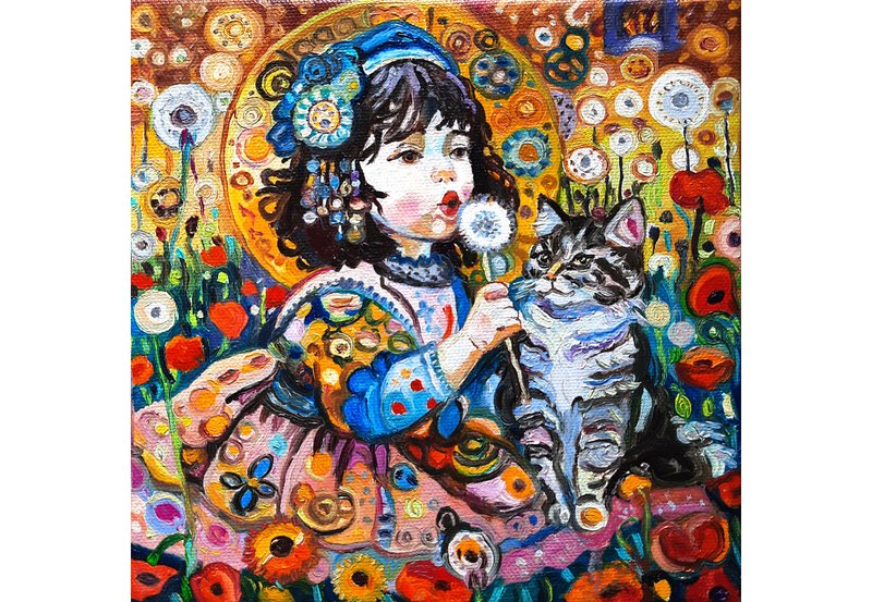 原創畫 Girl  with Cat Painting Small Art  Original Art  Oil Painting  Oil On Canvas - 壁貼/牆壁裝飾 - 其他材質 橘色