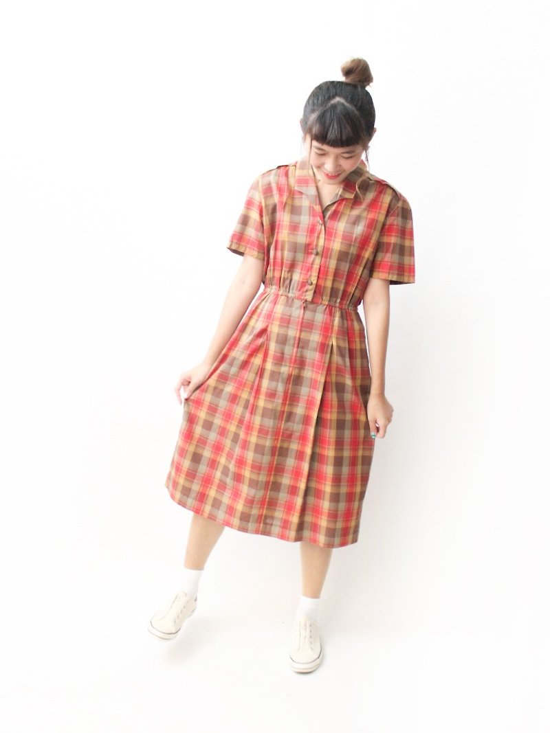 【RE1004D1428】早秋日本製復古簡約駝紅色格子純棉短袖古著洋裝 - 洋裝/連身裙 - 棉．麻 紅色