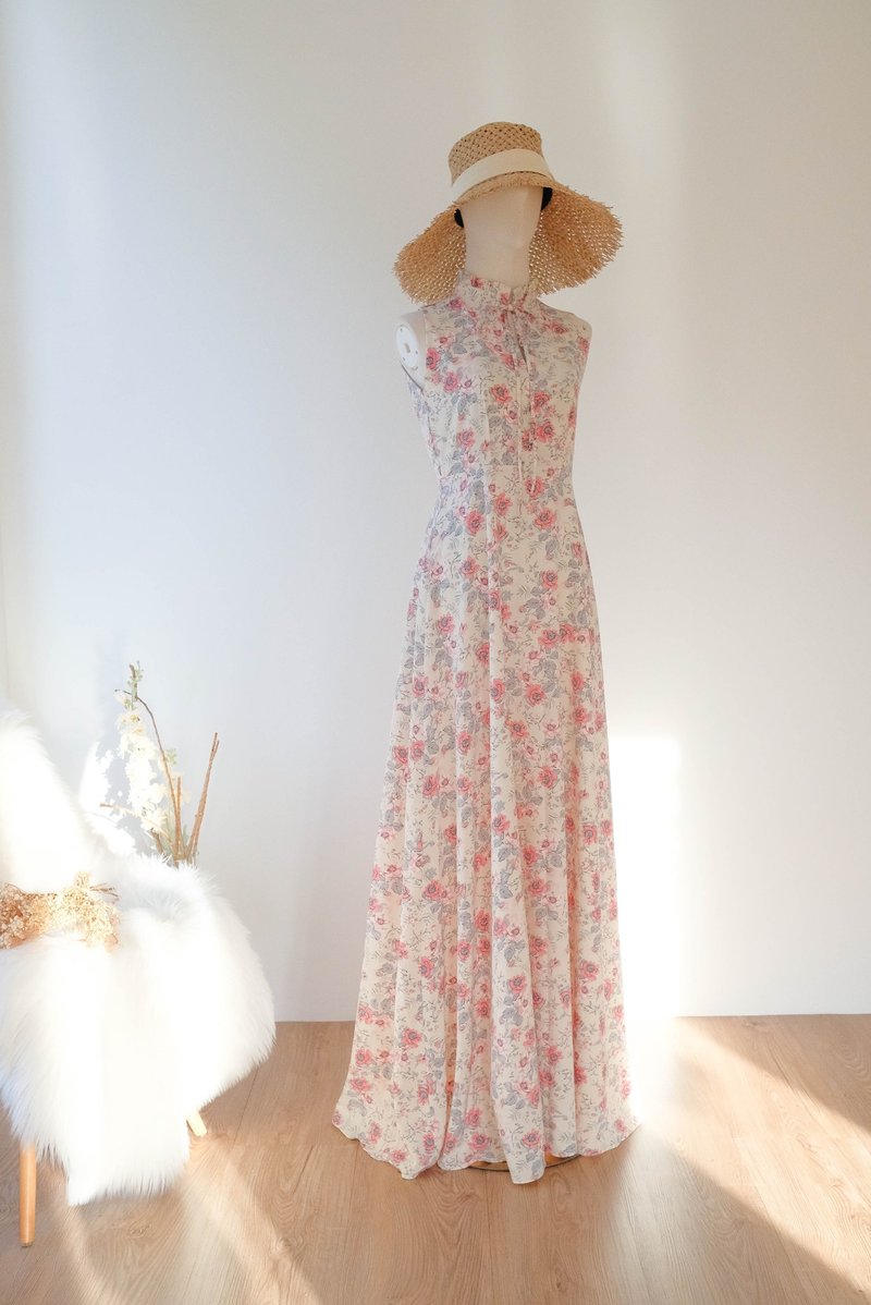 Beige floral maxi dress Sleeveless high neck party Bridesmaid wedding dress - 洋裝/連身裙 - 聚酯纖維 粉紅色