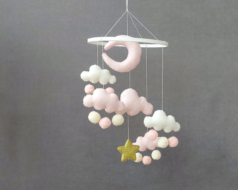 Felt Ball Mobile, Crib mobile nursery, Cloud mobile, BABY MOBILE, Nursery mobile - Kids' Toys - Eco-Friendly Materials Pink