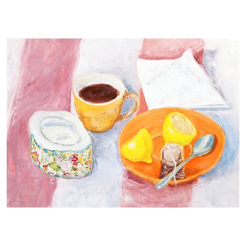 RayLarArt Tea Cup Painting Still Life Original Art Tea Time Painting Fruit Small Wall Art