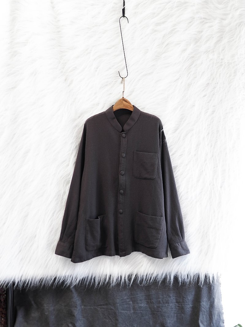 Kagawa Henry collar coffee tea brown Zen log antique wool shirt jacket coat vintage - Women's Shirts - Wool Brown