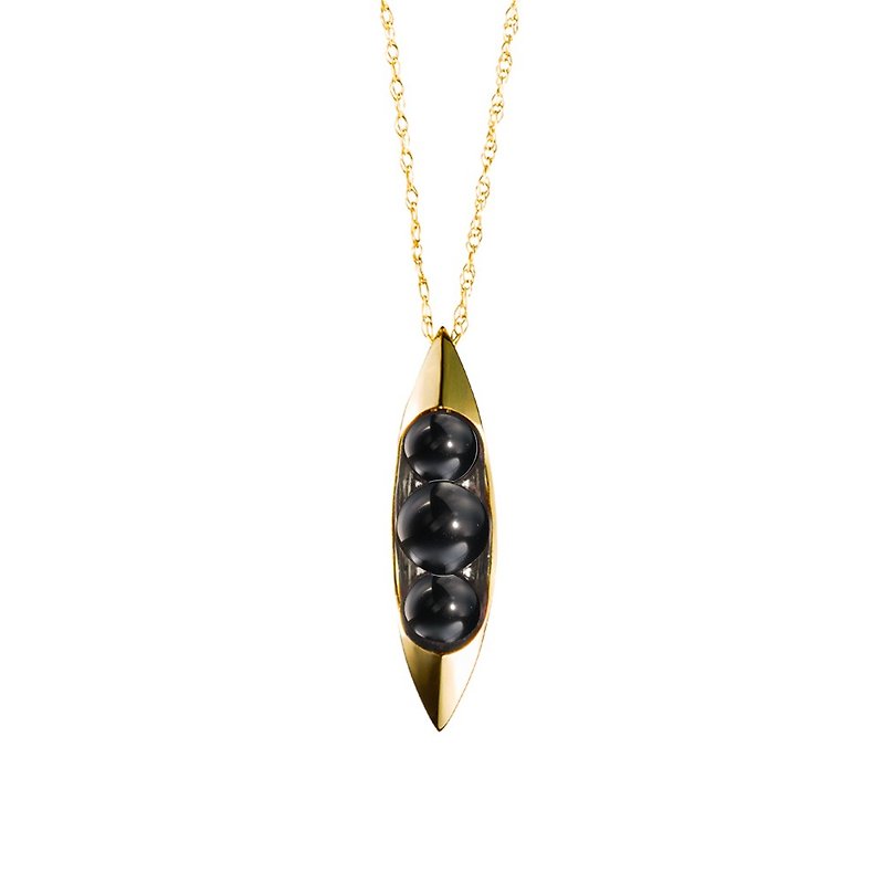 Obsidian Necklace, Jet Black Gemstone Pea in a Pod Necklace, 14k Gold Pendant - สร้อยคอทรง Collar - เครื่องประดับ สีดำ