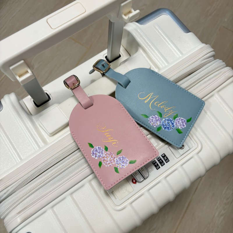 [Customized] Luggage tag/cowhide/multi-color/hand-painted hydrangea/customized English calligraphy name - ป้ายสัมภาระ - หนังแท้ หลากหลายสี