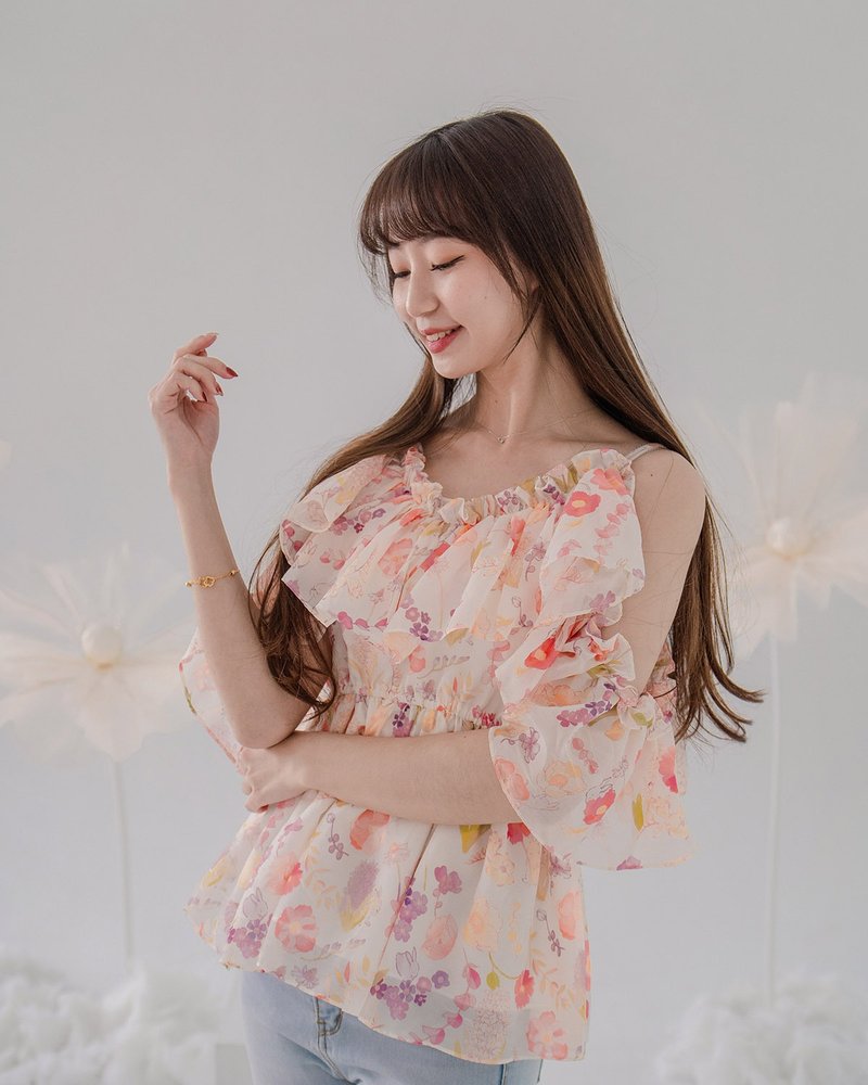 【波麗印花】細肩帶露肩荷葉女神上衣 小背心 柔軟紗紗 月牙色 - 女上衣/長袖上衣 - 棉．麻 橘色