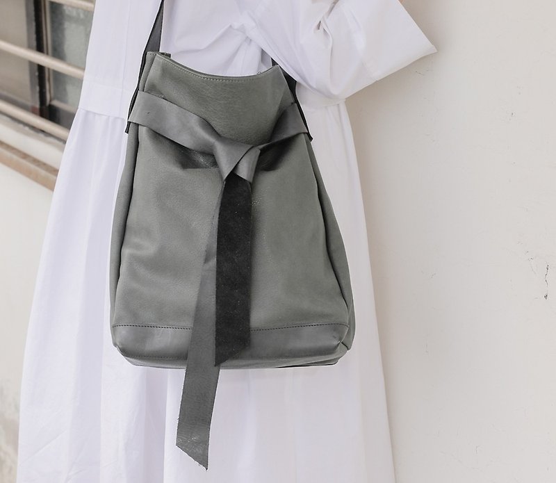 Broadband Tie Tote Shoulder Bag Grey Green - Messenger Bags & Sling Bags - Genuine Leather Gray