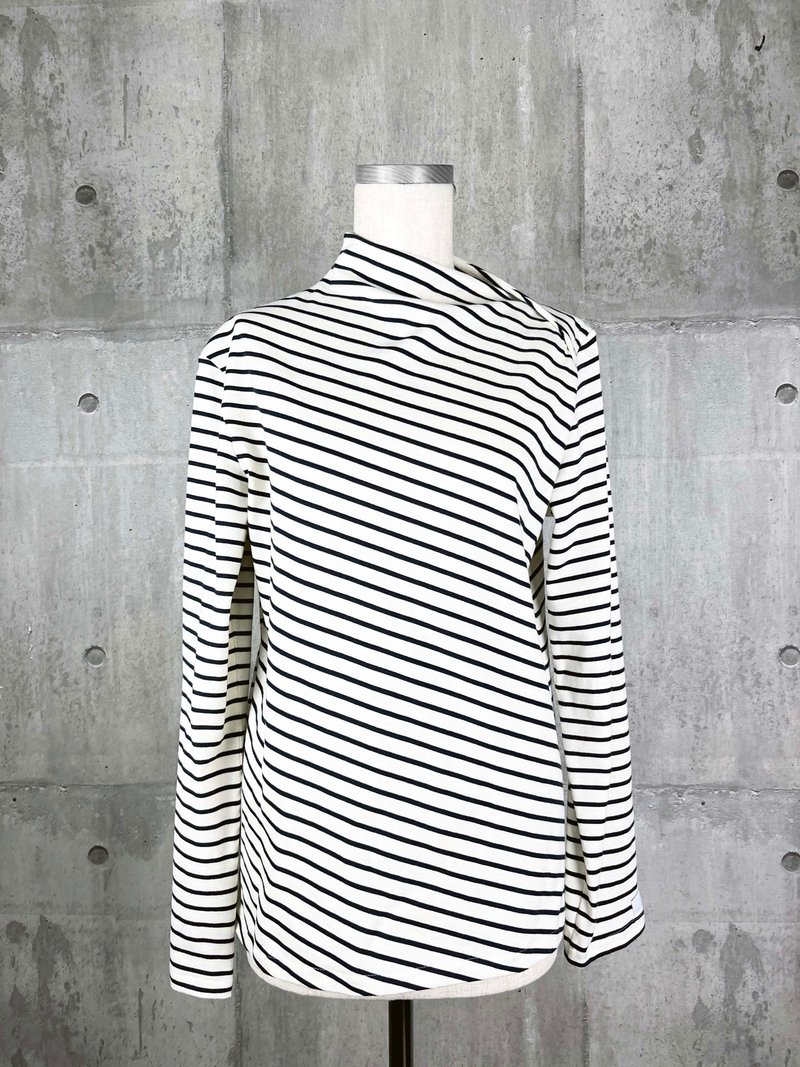 Diagonal line turtleneck cotton cut and sew - ワンピース - コットン・麻 ホワイト