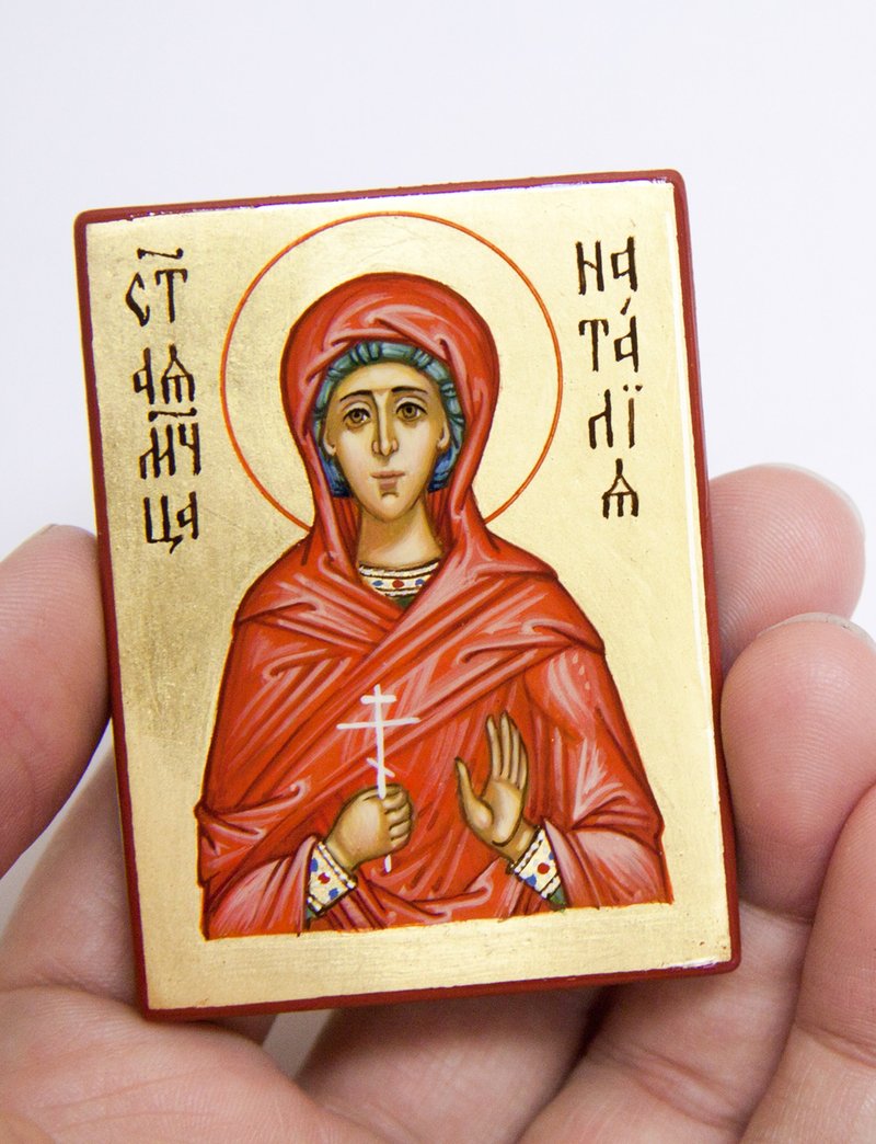 hand painted orthodox wood icon Saint Holy Martyr Natalia Religious pocket size - Other - Wood Red