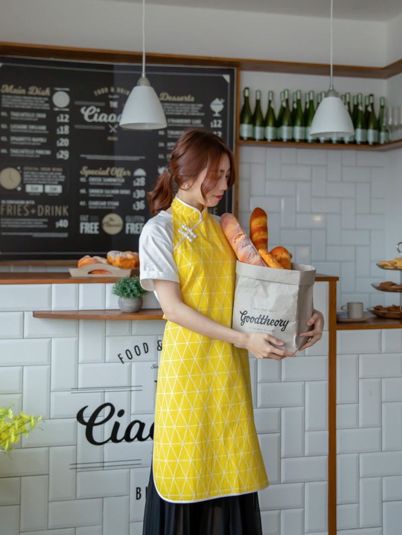 Sunshine geometric pattern cheongsam style apron - อื่นๆ - ผ้าฝ้าย/ผ้าลินิน สีเหลือง