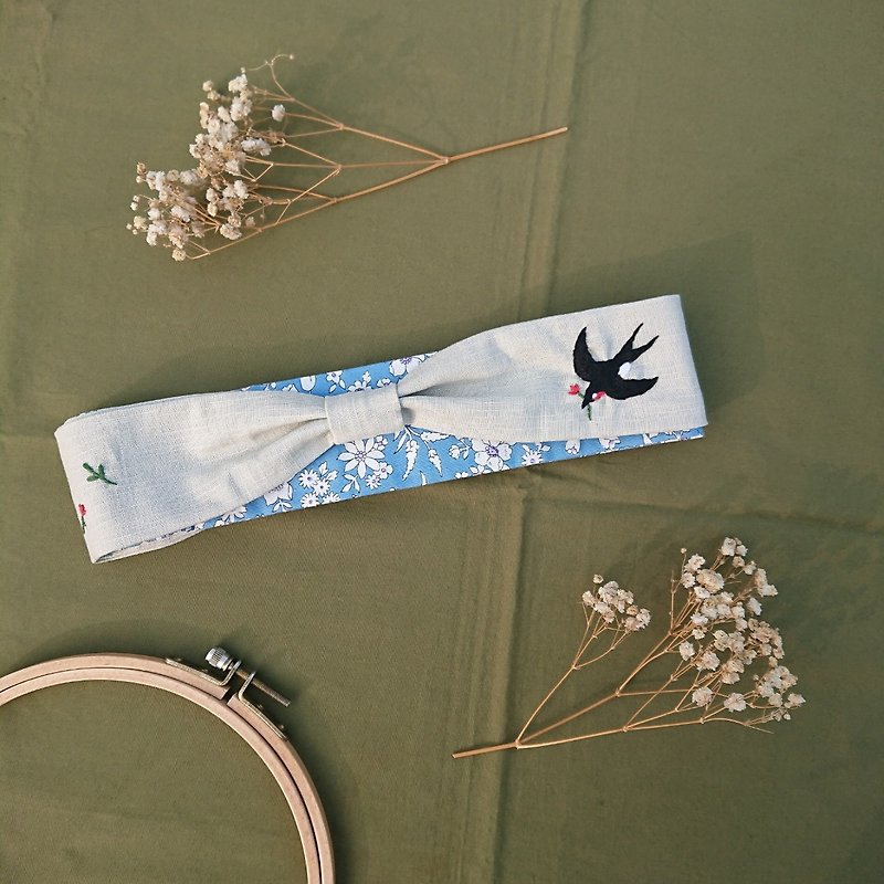 Swallow With Flowers Embroidery Headband - Headbands - Thread Blue