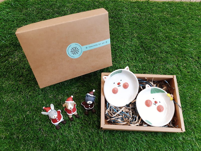 White cat couple dessert tray set (including box) - จานเล็ก - เครื่องลายคราม 