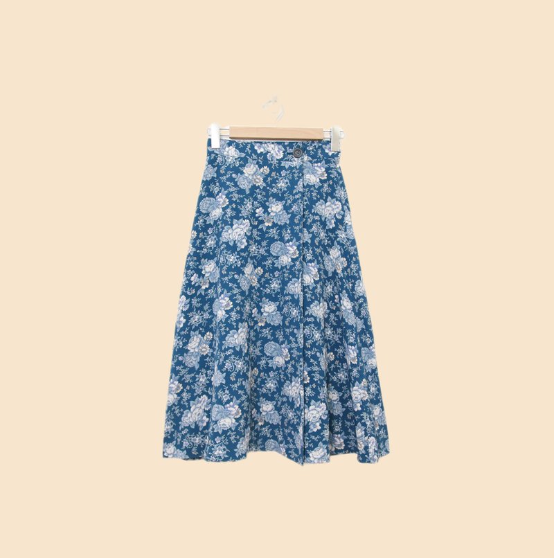Back to Green-復古拼接長裙 藍色滿版花朵 fs-01 vintage skirt - 裙子/長裙 - 棉．麻 