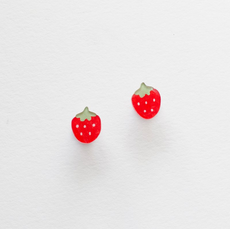 手繪  小草莓 耳環 耳夾 - 耳環/耳夾 - 塑膠 紅色