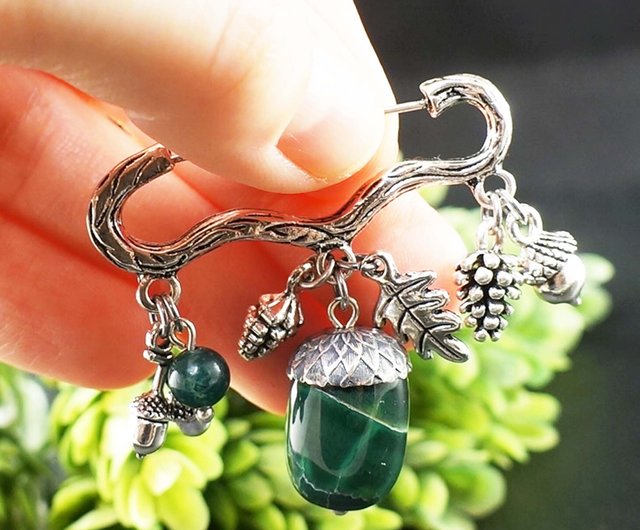 グリーンアゲート どんぐり 松ぼっくり オークの葉 枝シルバー