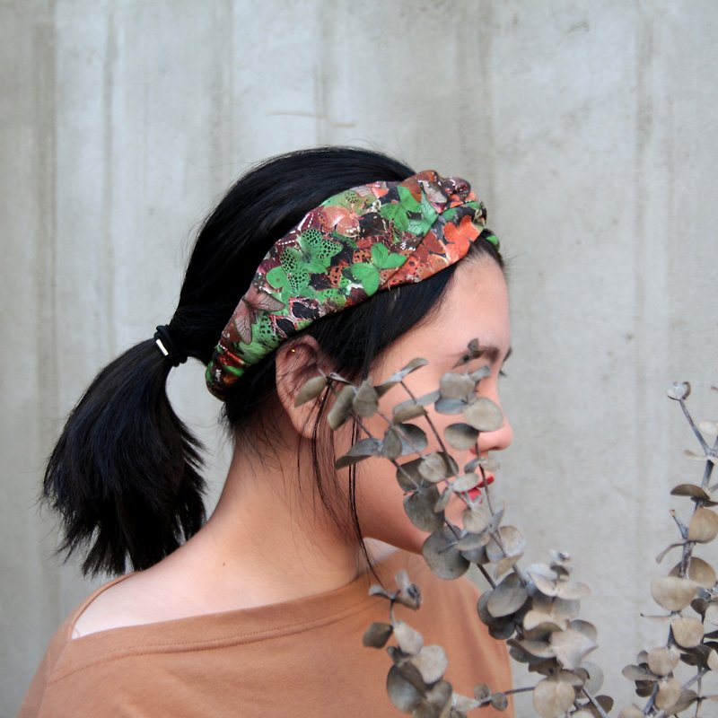 蝶 Le Papillon／綠與褐色手工十字鬆緊髮帶_Le Papillon//cotton/Taiwan handmade crisscross elastic hairband