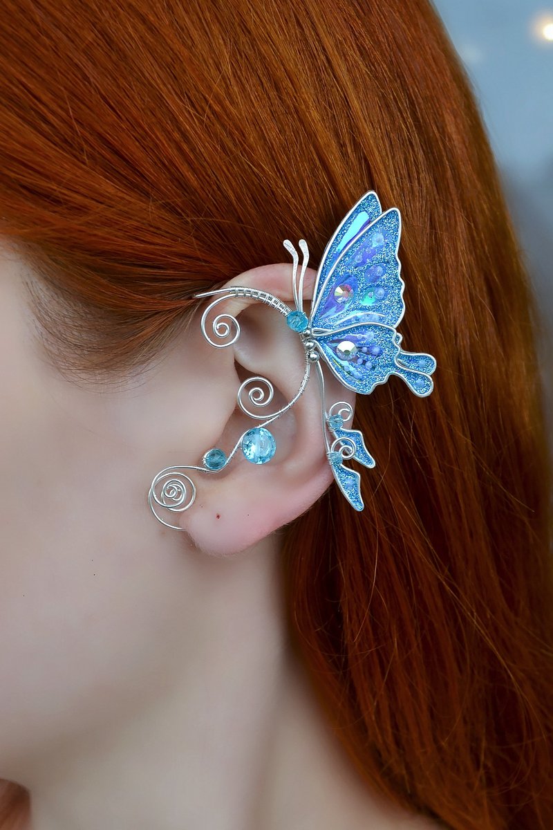 Butterfly ear cuff earring no piercing - Earrings & Clip-ons - Copper & Brass Blue