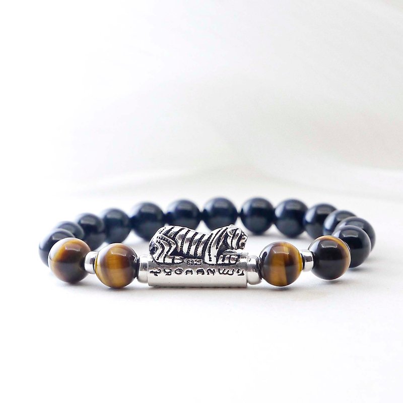 Yellow Stone blue Stone 8MM money biting tiger sterling silver natural stone bracelet I to attract wealth, ward off evil spirits and ensure safety - Bracelets - Crystal Blue