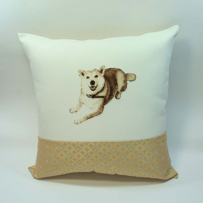 大きな刺繍枕カバー07-柴犬 - 枕・クッション - コットン・麻 イエロー