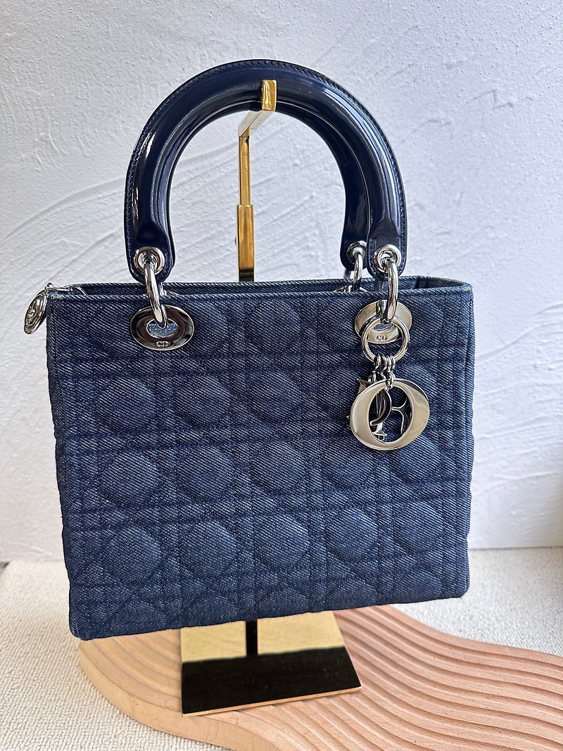 Second-hand bag rare out-of-print Vintage Lady Dior five-lattice dark blue denim Princess Dior bag - Handbags & Totes - Cotton & Hemp 