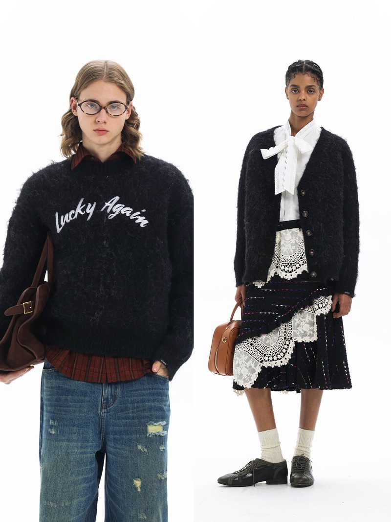 Lucky Again Wool Blend Sweater Round Neck + Cardigan Outerwear Unvesno(UN) - เสื้อโค้ทผู้ชาย - วัสดุอื่นๆ 