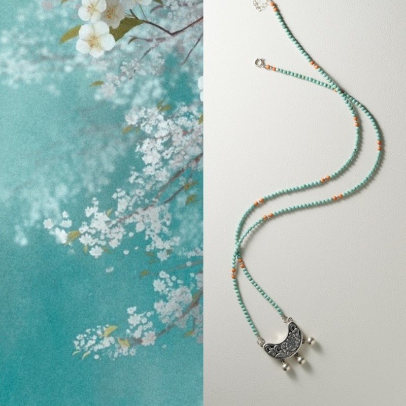 原創半山青黛手工純銀綠松石手工項鏈毛衣項鏈 - 項鍊 - 玉石 綠色