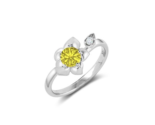 Majade Jewelry Design 黃寶石14k白金鑽石訂婚戒指 非傳統蘭花結婚戒指 大自然花卉戒指
