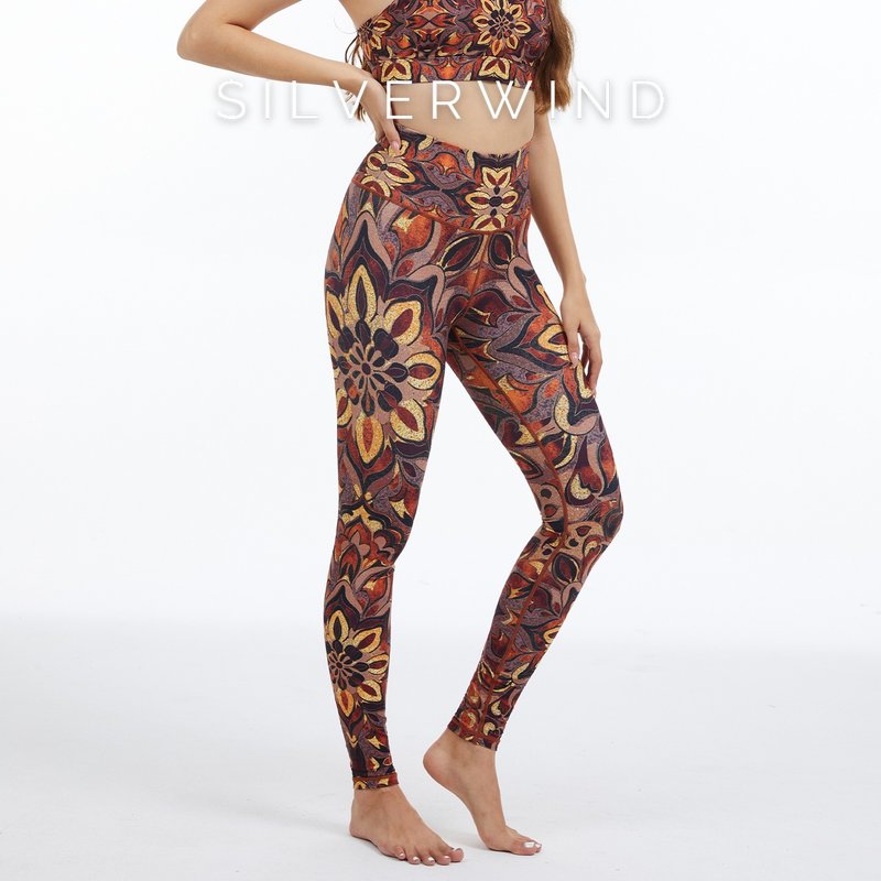 【SILVERWIND】落葉禪意印花高強緊身褲速乾跑步健身瑜伽褲子 - 女運動褲/機能褲 - 環保材質 多色