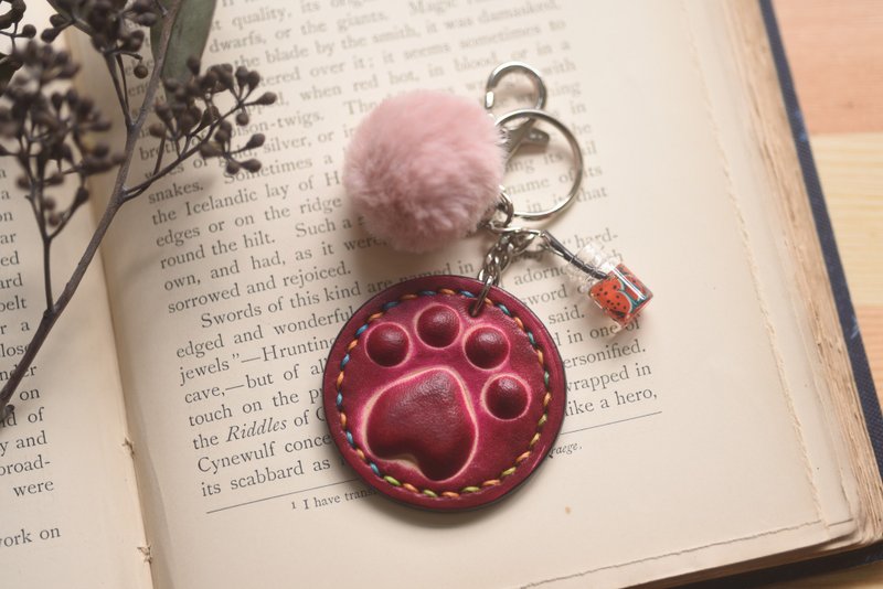 Barking cute dog palm key ring leather small objects leather hand-made fur ball pendant watermelon juice - Keychains - Genuine Leather Red