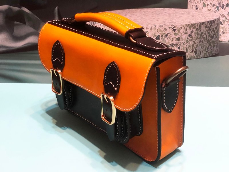 Mini Cambridge bag leather hand-stitched shoulder bag tote - กระเป๋าแมสเซนเจอร์ - หนังแท้ สีส้ม