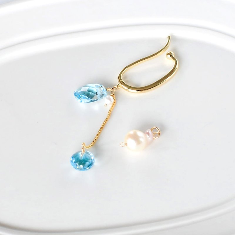14kgf/natural stone ear cuff blue topaz x akoya baroque pearl - Earrings & Clip-ons - Gemstone Blue