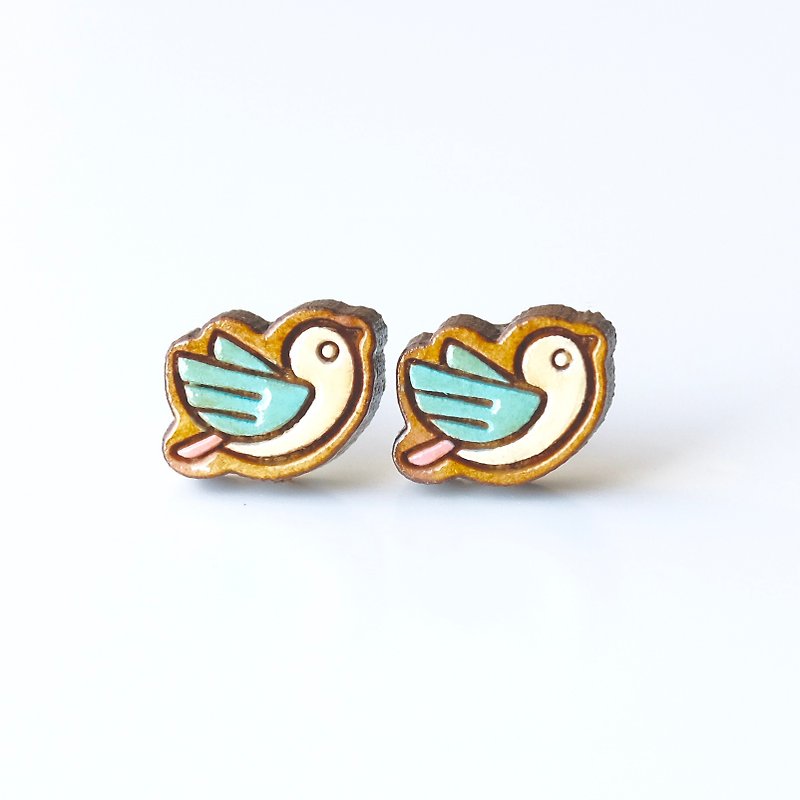 Painted wood earrings-Sunny Bird (blue) - Earrings & Clip-ons - Wood Blue