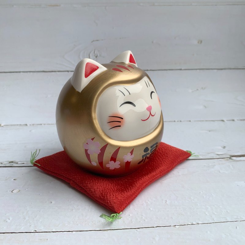 Painted Lucky Cat Dharma - Money Tray - Gold / Cherry Blossom / Medium - Japanese Mascot - ของวางตกแต่ง - ดินเผา 