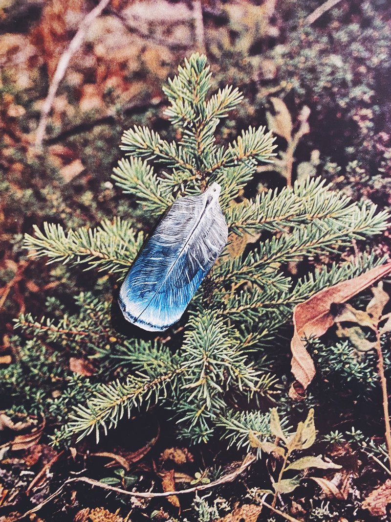 Woodcut Hand Painted Pendant - Feather - Other - Wood Blue