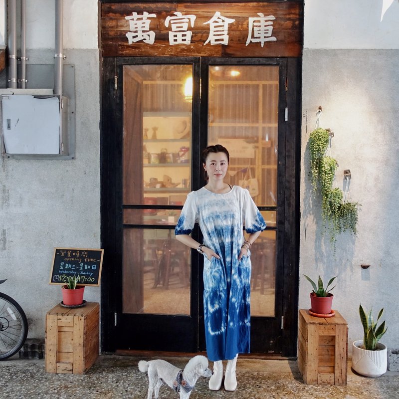 藍染公主七分袖洋裝 - 洋裝/連身裙 - 棉．麻 