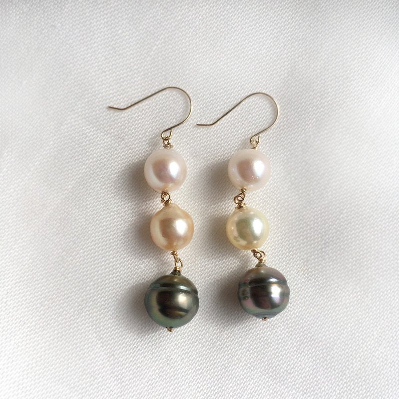 K14GF Tahitian Pearl and Akoya Pearl Long Earrings 一点もの - 耳環/耳夾/耳骨夾 - 珍珠 黑色