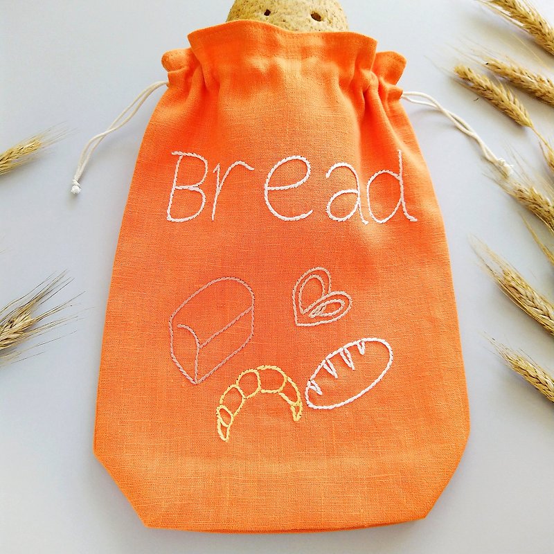 Organic linen bread storage bag, Eco friendly gift, Drawstring bag embroidered - กระเป๋าหูรูด - ลินิน สีส้ม